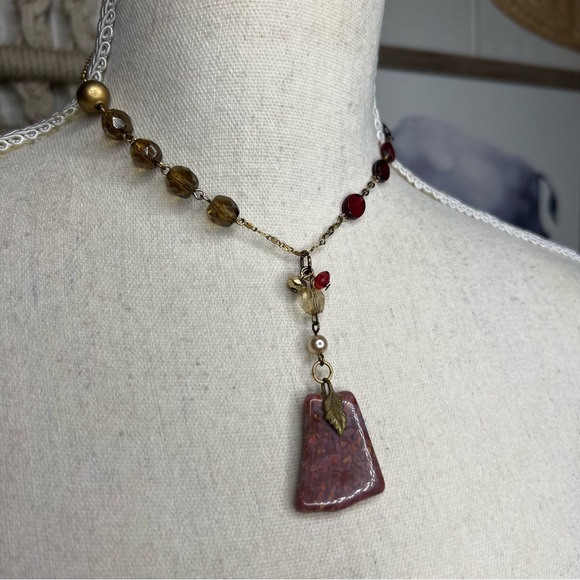 Handmade vintage and new pieces mixed up-cycled necklace with real stone pendant - Picture 5 of 13